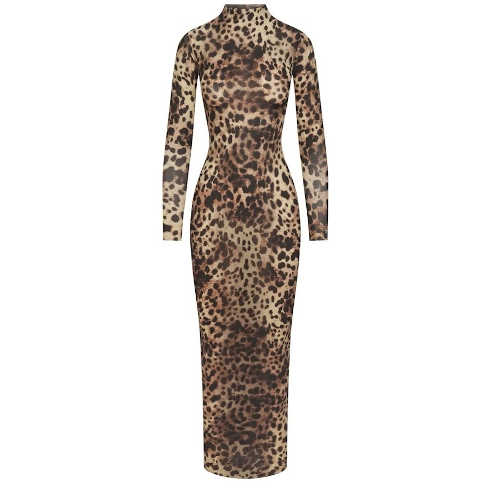DOLCE&GABBANA X SKIMS MILKY SHEER MOCK NECK LONG DRESS | LEOPARD
